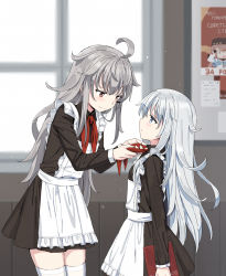 Rule 34 | 2girls, adjusting clothes, ahoge, alternate costume, apron, arms at sides, bad id, bad pixiv id, black dress, blue eyes, blush, cnm, colored eyelashes, deformed, dress, enmaided, gangut (kancolle), hair between eyes, height difference, hibiki (kancolle), highres, indoors, jitome, kantai collection, leaning forward, long hair, looking at another, maid, maid apron, multiple girls, pioneer neckerchief, poster (object), red eyes, school uniform, silver hair, smile, sunlight, tashkent (kancolle), thighhighs, white legwear, window, wooden wall, zettai ryouiki