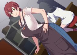 Rule 34 | 10s, apron, black hair, breasts, dutch angle, earrings, gridman universe, hand on own hip, jewelry, kisuu, large breasts, mother and daughter, red hair, short hair, sitting, ssss.gridman, takarada orie, takarada rikka, yellow eyes