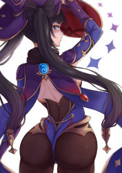 Rule 34 | 1girl, absurdres, artist request, ass, backboob, black hair, breasts, cape, detached sleeves, from behind, genshin impact, gloves, green eyes, hair ornament, hat, highres, huge ass, hydro (genshin impact), leotard, long hair, looking at viewer, looking back, medium breasts, mona (genshin impact), pantyhose, shiny clothes, smile, solo, thighlet, twintails, very long hair, vision (genshin impact)