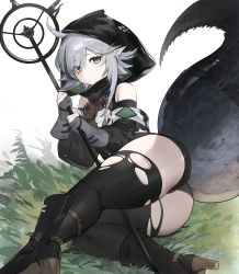 1girl, absurdres, arknights, ass, bangs, bare shoulders, black footwear, black legwear, black sleeves, boots, closed mouth, crocodilian tail, detached sleeves, eyebrows visible through hair, eyes visible through hair, gloves, goggles, goggles around neck, grey gloves, grey hair, hair over one eye, highres, holding, holding staff, hood, hood (james x), long sleeves, looking at viewer, lying, on side, pointy ears, short hair, solo, staff, tail, thighhighs, thighs, tomimi (arknights), torn clothes, torn legwear, yellow eyes