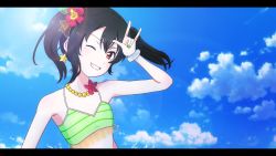 Rule 34 | 1girl, ;), aqua scrunchie, artist request, bare shoulders, bikini, bikini bottom only, black hair, blue sky, blush, bow, bracelet, breasts, choker, cleavage, cloud, collarbone, day, earrings, female focus, flat chest, flower, flower choker, frilled bikini, frills, green bikini, green nails, hair between eyes, hair bobbles, hair bow, hair flower, hair ornament, hibiscus, hibiscus hair ornament, jewelry, long hair, looking at viewer, love live!, love live! school idol project, m/, nail polish, natsuiro egao de 1 2 jump!, navel, necklace, nico nico nii, one eye closed, outdoors, parted lips, pearl necklace, red bow, red eyes, red flower, scrunchie, short hair, short twintails, skirt, sky, small breasts, smile, solo, source request, star (symbol), star earrings, striped bikini, striped clothes, swimsuit, tankini, teeth, twintails, upper body, white scrunchie, wrist scrunchie, yazawa nico