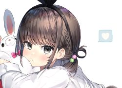 Rule 34 | 1girl, black hairband, black ribbon, blush, braid, brown hair, closed mouth, commentary request, grey eyes, hair ribbon, hair rings, hairband, heart, highres, long sleeves, looking at viewer, original, ponytail, ranf, ribbon, shirt, simple background, solo, spoken heart, stuffed animal, stuffed rabbit, stuffed toy, upper body, white background, white shirt