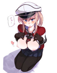 Rule 34 | 1girl, between breasts, black gloves, black pantyhose, blonde hair, blue eyes, blush, breasts, breasts out, from above, gloves, graf zeppelin (kancolle), hair between eyes, hat, heart, highres, kantai collection, kusanagi tonbo, large breasts, long hair, looking at viewer, military, military hat, military uniform, necktie, necktie between breasts, nipples, open mouth, pantyhose, pleated skirt, seiza, sitting, skirt, solo, sweatdrop, translated, uniform