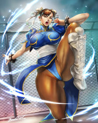 Rule 34 | 1girl, blue dress, bracelet, breasts, brown eyes, brown hair, brown pantyhose, bun cover, capcom, chain-link fence, china dress, chinese clothes, chun-li, cross-laced footwear, double bun, dress, fence, fighting stance, hair bun, hair pulled back, highres, jewelry, large breasts, leg up, madowl, muscular, muscular female, pantyhose, pelvic curtain, puffy short sleeves, puffy sleeves, sash, short hair, short sleeves, side slit, solo, spiked bracelet, spikes, street fighter, street fighter ii (series), thick thighs, thighs