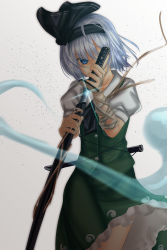 Rule 34 | 1girl, ahoge, bandaged arm, bandages, black bow, black bowtie, blue eyes, bow, bowtie, buttons, cowboy shot, gradient background, green skirt, hair bow, hand up, highres, holding, holding sword, holding weapon, konpaku youki, konpaku youmu, konpaku youmu (ghost), looking at viewer, puffy short sleeves, puffy sleeves, scabbard, sheath, short hair, short sleeves, shounen (hogehoge), skirt, skirt set, solo, sparkle, sword, touhou, two-handed, unsheathing, weapon, white hair