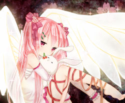 Rule 34 | 1girl, ankle garter, ankle lace-up, bad id, bad pixiv id, barefoot, cherry, cross-laced footwear, feet, food, fruit, greenpeace, hair ribbon, hatsune miku, mouth hold, pink eyes, pink hair, rabbit, ribbon, sakura miku, sitting, solo, stuffed animal, stuffed toy, vocaloid, wings