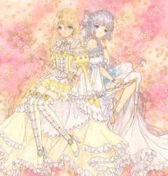 Rule 34 | 2girls, blue eyes, boots, crescent moon, curly hair, daisy, detached sleeves, dress, floral background, flower, frilled dress, frilled thighhighs, frills, high heel boots, high heels, highres, hisakata (hisa nn), holding, holding staff, holding star, long dress, long hair, looking at viewer, magical girl, moon, multiple girls, original, painting (medium), parted lips, pink background, puffy short sleeves, puffy sleeves, short sleeves, sitting, staff, star (symbol), thighhighs, traditional media, watercolor (medium), white dress, white footwear, white thighhighs, yellow dress