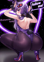 1girl absurdres animal_ears ass backless_outfit bare_shoulders black_leotard blush breasts english_text fake_animal_ears fake_tail fishnet_pantyhose fishnets hair_ornament high_heels highleg highleg_leotard highres leotard long_hair looking_at_viewer looking_back open_mouth pantyhose playboy_bunny purple_eyes purple_footwear purple_hair purple_leotard rabbit_ears rabbit_pose rabbit_tail small_breasts solo strapless strapless_leotard tail tenneko_yuuri voiceroid wrist_cuffs yuzuki_yukari