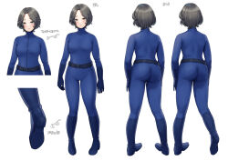 Rule 34 | 1girl, absurdres, ass, belt, blue bodysuit, blue gloves, bodysuit, boots, brown eyes, brown hair, close-up, commentary request, full body, gloves, highres, looking at viewer, multiple views, original, sahara1127, short hair, standing