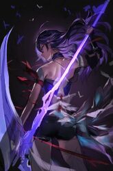 Rule 34 | 1girl, ahoge, black background, black gloves, black shorts, bug, butterfly, cowboy shot, floating hair, from behind, gloves, highres, holding, holding scythe, holding weapon, honkai: star rail, honkai (series), insect, long hair, looking to the side, meltyrice, purple eyes, purple hair, purple shirt, scythe, seele (honkai: star rail), shirt, shorts, simple background, sketch, solo, unfinished, weapon, weapon behind back