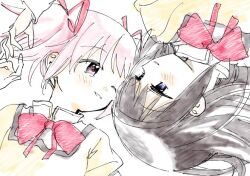 Rule 34 | 2girls, akemi homura, black hair, black hairband, bow, bowtie, collar, collared shirt, hair ribbon, hair spread out, hairband, hand on hand, high collar, kaname madoka, light blush, long hair, looking at another, lying, mahou shoujo madoka magica, mahou shoujo madoka magica (anime), mitakihara school uniform, multiple girls, no+bi=, on back, one eye closed, open mouth, pink eyes, pink hair, puffy sleeves, purple eyes, red bow, red bowtie, red ribbon, ribbon, school uniform, shirt, short hair, short twintails, simple background, sketch, smile, twintails, upper body, white background, white collar, yellow shirt, yellow sleeves