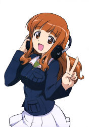 Rule 34 | 10s, 1girl, absurdres, brown hair, collarbone, female focus, girls und panzer, headphones, highres, long hair, looking at viewer, official art, open mouth, pleated skirt, simple background, skirt, smile, solo, takebe saori, throat microphone, uniform, v, white background, white skirt
