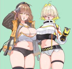 Rule 34 | 2girls, anis (nikke), black headwear, black thighhighs, blonde hair, blush, breasts, brown hair, cleavage, commentary, conto, crop top, elegg (nikke), english commentary, fang, fingerless gloves, gloves, goddess of victory: nikke, green background, hair intakes, hair over eyes, hat, jacket, large breasts, long sleeves, looking at viewer, micro shorts, multiple girls, open clothes, open mouth, salute, short hair, short shorts, shorts, simple background, skindentation, stomach, thigh strap, thighhighs, yellow eyes