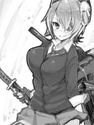 Rule 34 | 10s, 1girl, bad id, bad pixiv id, breasts, cardigan, eyepatch, fingerless gloves, gloves, greyscale, grin, hair over one eye, headgear, inayama, kantai collection, katana, large breasts, monochrome, monochrome, necktie, personification, school uniform, sheath, sheathed, short hair, skirt, sleeves rolled up, smile, solo, sword, tenryuu (kancolle), v-neck, weapon