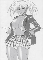Rule 34 | 00s, 1girl, arms at sides, breasts, choker, cleavage, cowboy shot, dark-skinned female, dark skin, greyscale, hair between eyes, highres, ikkitousen, jacket, kinoko allstars, large areolae, large breasts, microskirt, monochrome, nipple slip, nipples, no bra, non-web source, open clothes, open jacket, panties, parted bangs, pocket, ryofu housen, simple background, skirt, solo, standing, sweat, thighs, twintails, underwear, white panties