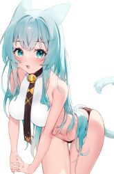 Rule 34 | 1girl, animal ears, aqua eyes, aqua hair, bell, breasts, cat ears, cat tail, halterneck, highres, hoshi usagi, long hair, looking at viewer, medium breasts, navel, neck bell, open mouth, original, tail, white background