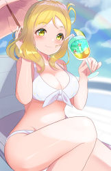 Rule 34 | 1girl, absurdres, artist name, artist request, bare legs, bare shoulders, beac, bikini, blonde hair, blue sky, blush, braid, breasts, brown eyes, chair, cloud, crown braid, cup, day, drinking glass, drinking straw, female focus, food, front-tie bikini top, front-tie top, fruit, green eyes, hair rings, highres, holding, holding drinking glass, lemon, lemon slice, looking at viewer, love live!, love live! sunshine!!, medium breasts, ocean, ohara mari, on chair, outdoors, parted lips, pink umbrella, playing with own hair, short hair, sitting, sky, smile, solo, swimsuit, umbrella, wavy hair, white bikini, yellow eyes