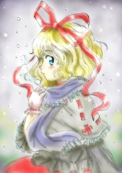 Rule 34 | 1girl, black capelet, black shirt, blonde hair, blue eyes, blue scarf, breath, capelet, closed mouth, frilled capelet, frilled scarf, frills, gloves, hair ribbon, hand up, medicine melancholy, medinki, official style, red ribbon, ribbon, ribbon-trimmed gloves, ribbon trim, scarf, shirt, short hair, solo, touhou, white gloves, zun (style)