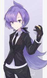 Rule 34 | 1girl, anabel (pokemon), black gloves, black jacket, black necktie, black pants, black ribbon, closed mouth, collared shirt, commentary request, cowboy shot, creatures (company), dusk poke27, earpiece, eyelashes, game freak, gloves, hair ribbon, hand on own hip, hand up, highres, holding, holding poke ball, jacket, long hair, looking at viewer, necktie, nintendo, pants, poke ball, pokemon, pokemon sm, ponytail, purple eyes, purple hair, ribbon, shirt, signature, smile, solo, ultra ball, white shirt