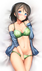 Rule 34 | 10s, 1girl, absurdres, bad id, bad pixiv id, blue eyes, blush, bra, breasts, brown hair, collarbone, covering privates, covering crotch, cowboy shot, dakimakura (medium), green bra, green panties, groin, hachinatsu, hair between eyes, highres, looking at viewer, love live!, love live! sunshine!!, lying, navel, off-shoulder, off-shoulder sweater, off shoulder, on back, panties, parted lips, ribbed sweater, short hair, solo, strap gap, sweater, underwear, watanabe you