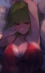 Rule 34 | 1girl, armpits, bare shoulders, breasts, brown eyes, cleavage, covered erect nipples, from above, green hair, highres, large breasts, lying, nightgown, on back, original, red nightgown, tomochi (tmc tmc8)