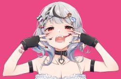 Rule 34 | 1girl, absurdres, animal (vocaloid), black hair, blush, breasts, cat hair ornament, choker, cleavage, facial mark, fangs, grey hair, hair ornament, highres, hololive, jewelry, large breasts, long hair, looking at viewer, multicolored hair, nail polish, open mouth, red eyes, sakamata chloe, satsuki (pixiv 742410), solo, streaked hair, virtual youtuber, x hair ornament