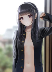 Rule 34 | 1girl, arm up, black hair, blunt bangs, blurry, breasts, brown eyes, buttons, coat, collarbone, depth of field, hairband, jacket, kentaurosu, long hair, long sleeves, looking at viewer, matsuno chiya, naked coat, navel, open clothes, original, pocket, school uniform, silver hairband, small breasts, solo, unbuttoned