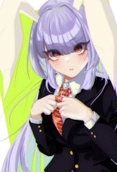 Rule 34 | 1girl, animal ears, blunt bangs, blush, chromatic aberration, commentary request, expressionless, eyes visible through hair, green background, highres, holding necktie, long hair, looking at viewer, oz o2, parted lips, purple hair, rabbit ears, red eyes, reisen udongein inaba, simple background, solo, touhou, upper body, very long hair