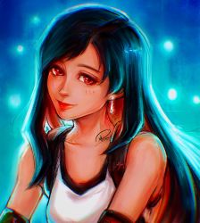 Rule 34 | 1girl, absurdres, bare shoulders, black hair, closed mouth, crop top, detached sleeves, earrings, final fantasy, final fantasy vii, final fantasy vii remake, highres, jewelry, long hair, looking at viewer, red eyes, red lips, signature, solo, tank top, teardrop earring, tifa lockhart, upper body, white tank top, xriviia