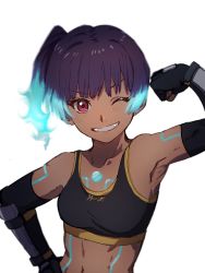 Rule 34 | 1girl, blue hair, breasts, chest jewel, dark-skinned female, dark skin, elbow gloves, fiery hair, flexing, gloves, grin, hand on own hip, highres, midriff, omiya599, one eye closed, red eyes, sena (xenoblade), small breasts, smile, sports bra, toned, white background, xenoblade chronicles (series), xenoblade chronicles 3