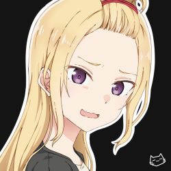 Rule 34 | 1girl, bangs pinned back, black background, blonde hair, close-up, hair tie, highres, iori (keihh), keihh, long hair, looking at viewer, open mouth, original, purple eyes, solo, wavy mouth