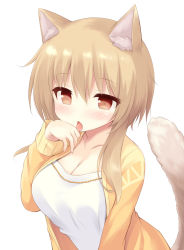 Rule 34 | 1girl, animal ear fluff, animal ears, blush, breasts, brown eyes, brown hair, brown jacket, cat ears, cat girl, cat tail, cleavage, hair between eyes, hand up, highres, iris mysteria!, jacket, large breasts, laura kelyrie, licking, licking hand, long hair, long sleeves, open clothes, open jacket, parted lips, shirt, simple background, solo, tail, tail raised, tongue, tongue out, white background, white shirt, yuu (yumezakura)
