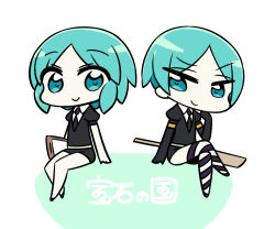 Rule 34 | &gt;:), :&gt;, androgynous, bare legs, black footwear, black gloves, black neckwear, black shirt, chan co, chibi, closed mouth, collared shirt, commentary request, copyright name, crossed legs, dual persona, elbow gloves, gender request, gloves, head rest, houseki no kuni, invisible chair, looking at viewer, necktie, parted bangs, phosphophyllite, puffy short sleeves, puffy sleeves, shirt, shoes, short hair, short sleeves, sitting, spoilers, striped clothes, striped legwear, striped thighhighs, thighhighs, v-shaped eyebrows, weapon, white shirt, wing collar