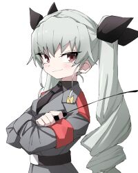 Rule 34 | 1girl, anchovy (girls und panzer), anzio military uniform, black necktie, black ribbon, black shirt, closed mouth, crossed arms, drill hair, girls und panzer, grey hair, grey jacket, hair ribbon, highres, holding riding crop, jacket, long hair, long sleeves, looking at viewer, military, military uniform, necktie, red eyes, ribbon, riding crop, shirt, simple background, solo, twin drills, twintails, uniform, upper body, very long hair, white background, yachima tana