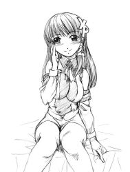 Rule 34 | 1girl, bed, blush, breasts, detached sleeves, greyscale, hair ornament, hair ribbon, hairclip, impossible clothes, impossible shirt, long hair, looking at viewer, monochrome, os-tan, ribbon, shirt, simple background, sitting, smile, solo, tress ribbon, white background, xp-tan
