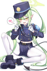 Rule 34 | 1girl, absurdres, armband, blue archive, blue armband, blue hat, blue shorts, commentary request, demon tail, double v, fang, gloves, green hair, green halo, hair between eyes, halo, hat, heart, nozomi (blue archive), highres, kanehira151, long hair, looking at viewer, midriff, navel, open mouth, pantyhose, pointy ears, shorts, simple background, sitting, skin fang, smile, solo, spoken heart, tail, v, very long hair, white background, white gloves, white pantyhose, yellow eyes