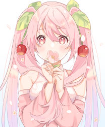 Rule 34 | 08nana, 1girl, bad id, bad pixiv id, bare shoulders, cherry blossoms, cherry hair ornament, commentary, covering own mouth, detached sleeves, falling petals, flower, flower in eye, flower over mouth, food-themed hair ornament, hair ornament, hatsune miku, highres, holding, holding flower, holding own hair, leaf, long hair, petals, pink eyes, pink flower, pink hair, pink neckwear, pink sleeves, sakura miku, shirt, sleeveless, sleeveless shirt, solo, symbol in eye, twintails, upper body, very long hair, vocaloid, white shirt