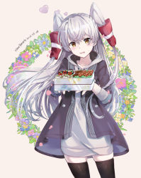 Rule 34 | 1girl, amatsukaze (kancolle), artist name, bento, black jacket, black thighhighs, blouse, blush, collarbone, cowboy shot, dated, grey shirt, hair between eyes, hair tubes, heart, highres, himeyamato, holding, jacket, kantai collection, long hair, long sleeves, official alternate costume, shirt, silver hair, solo, thighhighs, two side up, yellow eyes