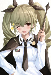 Rule 34 | 1girl, 7saki, anchovy (girls und panzer), anzio (emblem), anzio school uniform, arm up, bad id, bad pixiv id, black cape, black necktie, blonde hair, breasts, brown eyes, cape, commentary request, drill hair, emblem, fang, girls und panzer, gradient hair, green hair, hair ribbon, hand on own hip, highres, long hair, long sleeves, loose necktie, medium breasts, multicolored hair, necktie, one eye closed, open mouth, ribbon, riding crop, school uniform, shirt, short hair, simple background, skin fang, smile, solo, sparkle, standing, twin drills, upper body, white background, white shirt