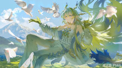 Rule 34 | 1girl, absurdres, animal, aqua eyes, arknights, bare shoulders, beads, belt, bird, blonde hair, blue hair, blue horns, blue sky, blue tail, blurry, chinese commentary, cloud, collarbone, commentary request, day, dragon girl, dragon horns, dragon tail, earrings, falling, feet out of frame, flying, grey belt, grey hair, grey horns, grey jacket, grey pants, grey tail, grey tube top, hair between eyes, hands up, highres, horns, jacket, jewelry, long hair, long sleeves, looking ahead, looking at animal, motion blur, mountain, multicolored hair, necklace, off shoulder, open clothes, open jacket, outdoors, pants, parted lips, pointy ears, rural, shu (arknights), sky, solo, strapless, sunlight, tail, ting zi bbb, tube top, very long hair, watermark, weibo logo, weibo watermark, white bird, wind, yellow horns, yellow tail