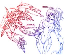 Rule 34 | 00s, 1girl, bodysuit, breasts, character name, copyright name, covered erect nipples, finger in own mouth, gundam, gundam 00, gundam throne drei, large breasts, mecha, nena trinity, robot, sketch, throne drei, two side up, yoshimoto (dear life)