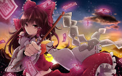 Rule 34 | 1girl, absurdres, ascot, blurry, bow, brown hair, choutsugai, depth of field, detached sleeves, dusk, expressionless, frilled skirt, frills, gohei, hair bow, hair tubes, hakurei reimu, highres, light particles, long hair, ofuda, ribbon-trimmed sleeves, ribbon trim, skirt, solo, touhou