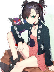 Rule 34 | 1girl, asymmetrical bangs, asymmetrical hair, black choker, black footwear, black hair, black jacket, boots, breasts, choker, cleavage, closed mouth, commentary request, creatures (company), dress, game freak, gen 8 pokemon, green eyes, hair ribbon, holding, holding poke ball, jacket, legs, long sleeves, looking at viewer, marnie (pokemon), mikan (chipstar182), morpeko, morpeko (hangry), nintendo, pink dress, poke ball, poke ball (basic), pokemon, pokemon (creature), pokemon swsh, red ribbon, ribbon, short hair, sitting, small breasts, undercut