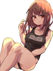 Rule 34 | 1girl, bare shoulders, black one-piece swimsuit, blush, breasts, brown eyes, brown hair, closed mouth, collarbone, cymlim, hair ornament, hairclip, highres, hod (project moon), lobotomy corporation, long hair, medium breasts, one-piece swimsuit, project moon, school swimsuit, sidelocks, simple background, smile, solo, swimsuit, white background