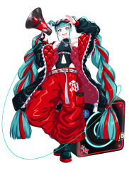 Rule 34 | 1girl, 39, :d, absurdres, audio jack, baggy pants, bare shoulders, black footwear, black leotard, blue eyes, blue hair, blunt bangs, boots, clothing cutout, cross-laced footwear, dot nose, full body, goggles, goggles on head, hand on goggles, hand up, hatsune miku, highleg, highleg leotard, highres, holding, holding megaphone, itogari, lace-up boots, leotard, long hair, looking at viewer, magical mirai (vocaloid), magical mirai miku, magical mirai miku (2023), megaphone, multicolored hair, navel, navel cutout, number tattoo, open mouth, pants, red hair, red pants, sidelocks, simple background, smile, solo, speaker, tattoo, twintails, two-tone hair, very long hair, vocaloid, white background