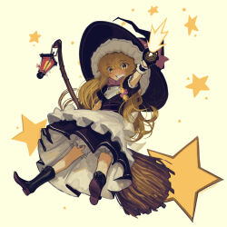 Rule 34 | 1girl, apron, black dress, black footwear, black hat, blonde hair, boa (brianoa), boots, braid, broom, cross-laced footwear, dress, full body, grin, hair between eyes, hat, highres, holding, kirisame marisa, lace-up boots, long hair, mini-hakkero, puffy short sleeves, puffy sleeves, short sleeves, single braid, smile, solo, star (symbol), touhou, waist apron, white apron, witch hat, wrist cuffs, yellow eyes