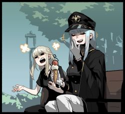 Rule 34 | +++, 2girls, :d, = =, bench, black border, black cape, black headwear, black jacket, black ribbon, blonde hair, border, braid, cape, d:, earrings, closed eyes, french braid, gogalking, grey hair, hair ribbon, hand up, hat, highres, holding, ice cream cone, jacket, jewelry, junior (gogalking), laughing, long sleeves, military hat, multiple girls, open mouth, ophelia (gogalking), original, outdoors, pants, ribbon, sitting, smile, white pants
