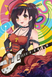 Rule 34 | 1girl, :d, ahoge, black choker, blush, breasts, choker, cleavage, commentary, cross, cross necklace, denpajin-ryuushi, dress, earrings, guitar, hairband, highres, holding, holding instrument, hoop earrings, huge ahoge, instrument, jewelry, medium breasts, music, musical note, necklace, open mouth, playing instrument, red dress, smile, solo, suzumiya haruhi, suzumiya haruhi no yuuutsu, teeth, upper teeth only, yellow hairband