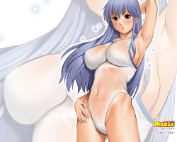 Rule 34 | 1girl, action pizazz, arm up, armpits, blue eyes, breasts, impossible clothes, impossible swimsuit, large breasts, long hair, official art, official wallpaper, one-piece swimsuit, purple hair, saigado, see-through, solo, swimsuit, wallpaper, zoom layer