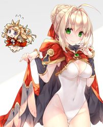 Rule 34 | 10s, 2girls, :o, ahoge, blonde hair, blush, bow, braid, breasts, cagliostro (granblue fantasy), cagliostro (granblue fantasy) (cosplay), cape, cape hold, chibi, cleavage, cleavage cutout, closed mouth, clothing cutout, cosplay, costume switch, covered navel, cowboy shot, crossover, crown, dress, epaulettes, fate/extra, fate (series), flying sweatdrops, gem, gluteal fold, granblue fantasy, green eyes, groin, hair bun, hair ribbon, kneeling, leotard, long hair, looking at viewer, medium breasts, multiple girls, nero claudius (fate), nero claudius (fate) (all), nero claudius (fate/extra), nero claudius (fate/extra) (cosplay), one-piece swimsuit, open mouth, outstretched arms, purple eyes, red bow, red cape, red dress, red ribbon, reina (black spider), ribbon, see-through, sidelocks, single hair bun, skin tight, smile, standing, swimsuit, tange sakura, tareme, thigh gap, tiara, very long hair, voice actor connection, white one-piece swimsuit, wrist guards